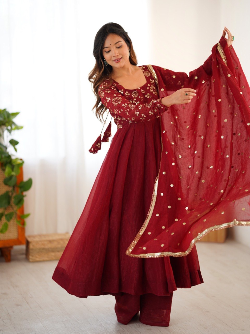 Maroon Crunchy Silk Gown with Embroidered Dupatta