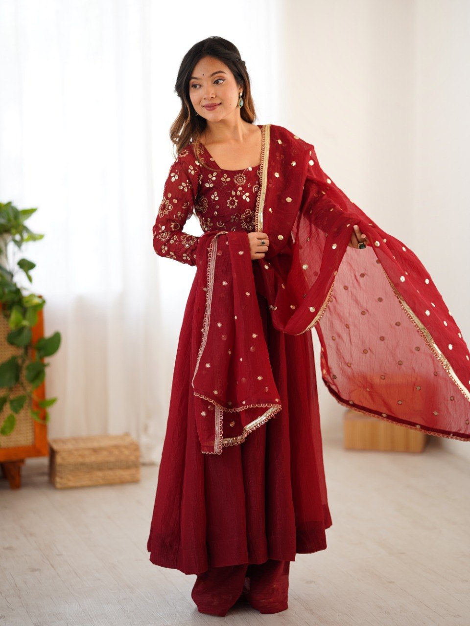 Maroon Crunchy Silk Gown with Embroidered Dupatta