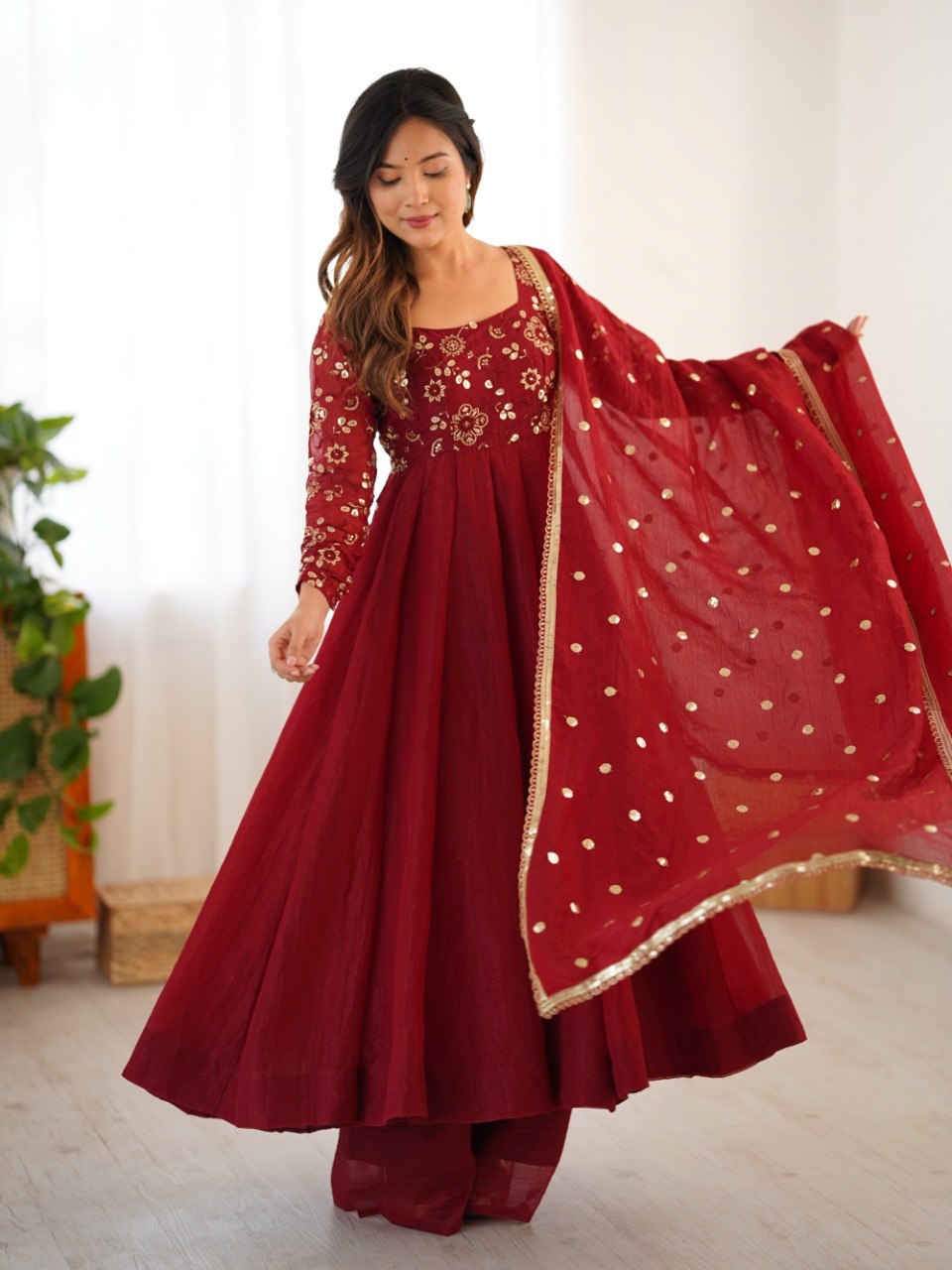 Maroon Crunchy Silk Gown with Embroidered Dupatta