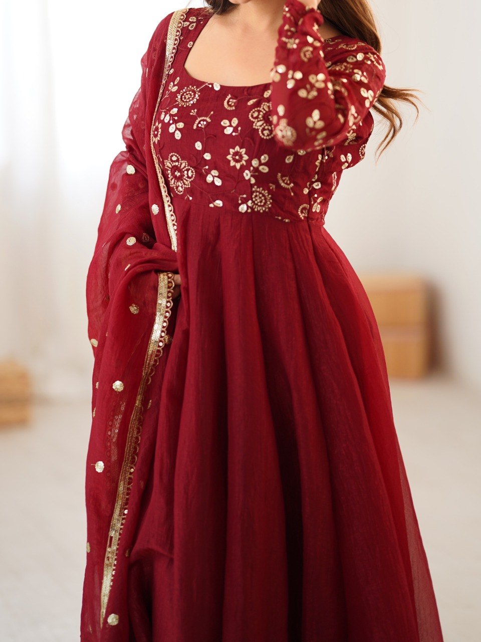 Maroon Crunchy Silk Gown with Embroidered Dupatta