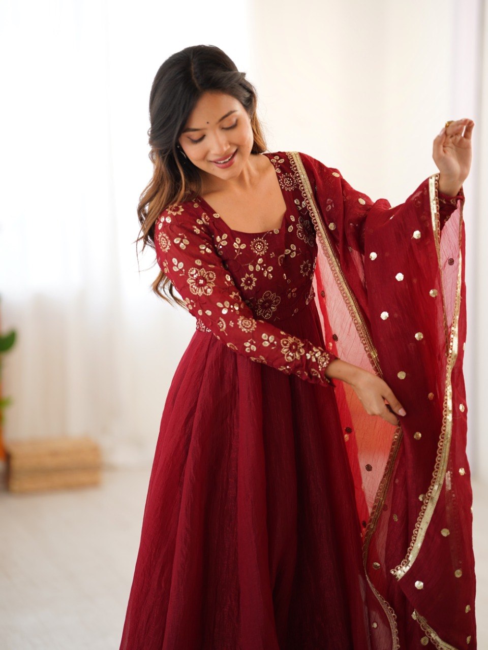 Maroon Crunchy Silk Gown with Embroidered Dupatta