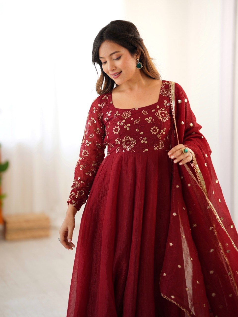 Maroon Crunchy Silk Gown with Embroidered Dupatta