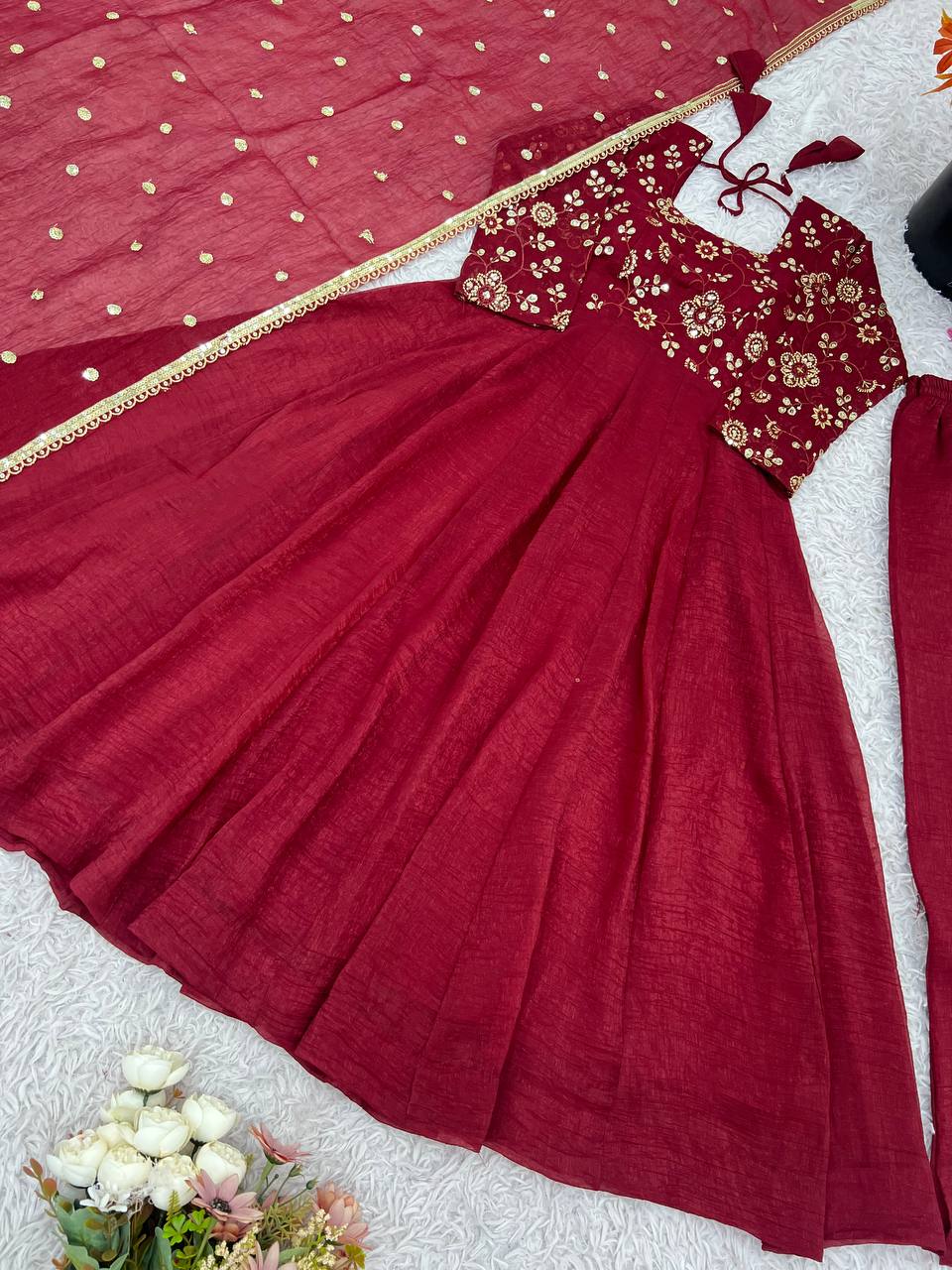 Maroon Crunchy Silk Gown with Embroidered Dupatta