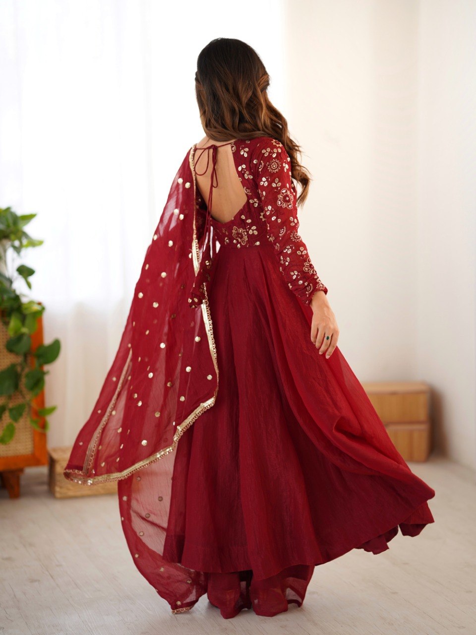 Maroon Crunchy Silk Gown with Embroidered Dupatta