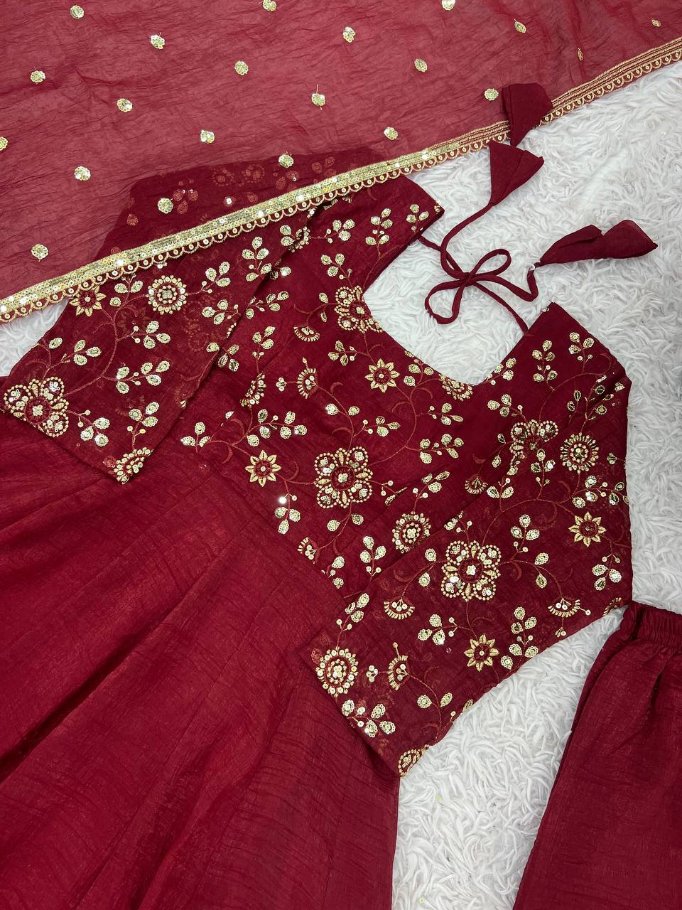 Maroon Crunchy Silk Gown with Embroidered Dupatta