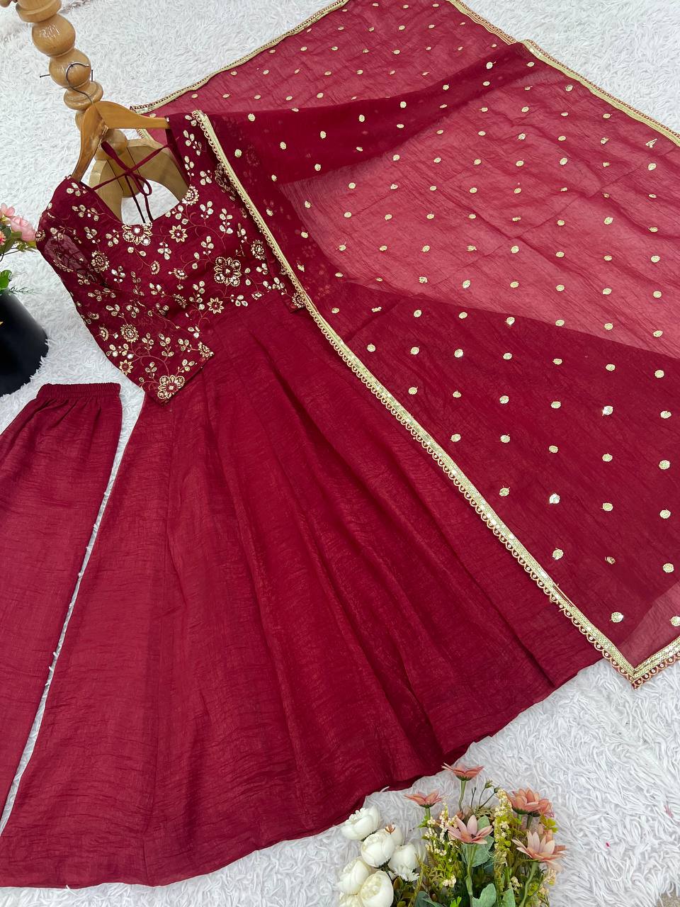 Maroon Crunchy Silk Gown with Embroidered Dupatta