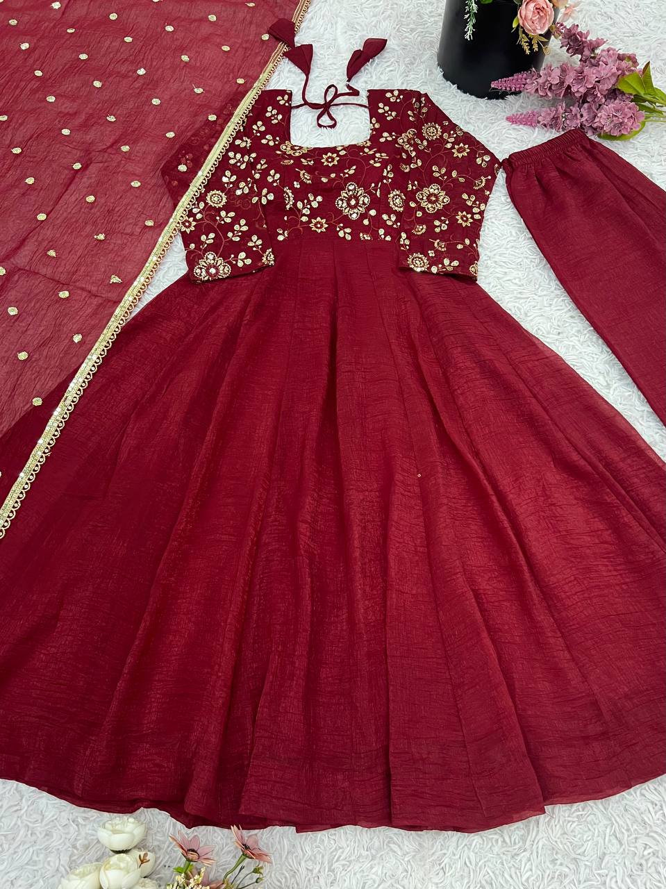 Maroon Crunchy Silk Gown with Embroidered Dupatta