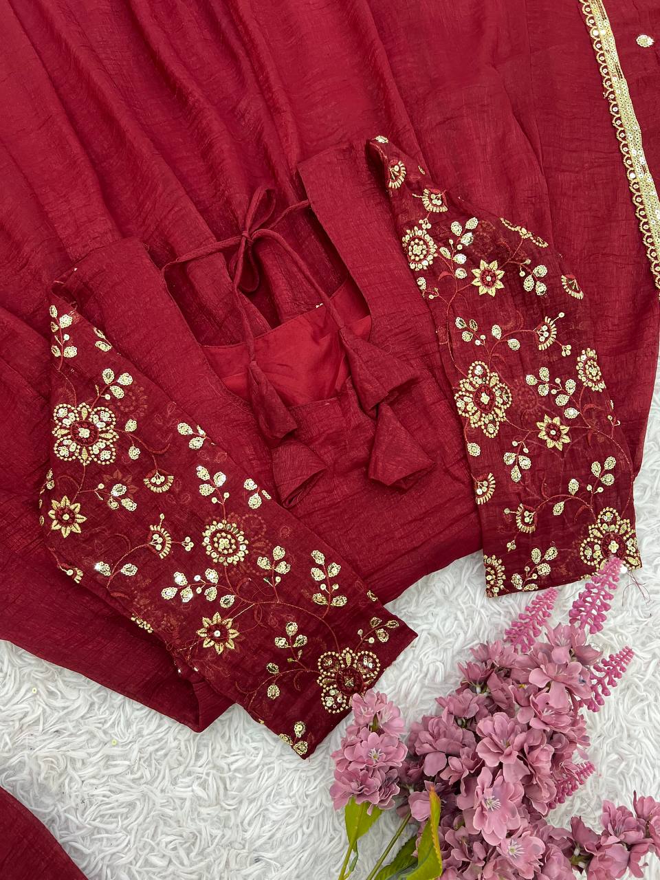 Maroon Crunchy Silk Gown with Embroidered Dupatta