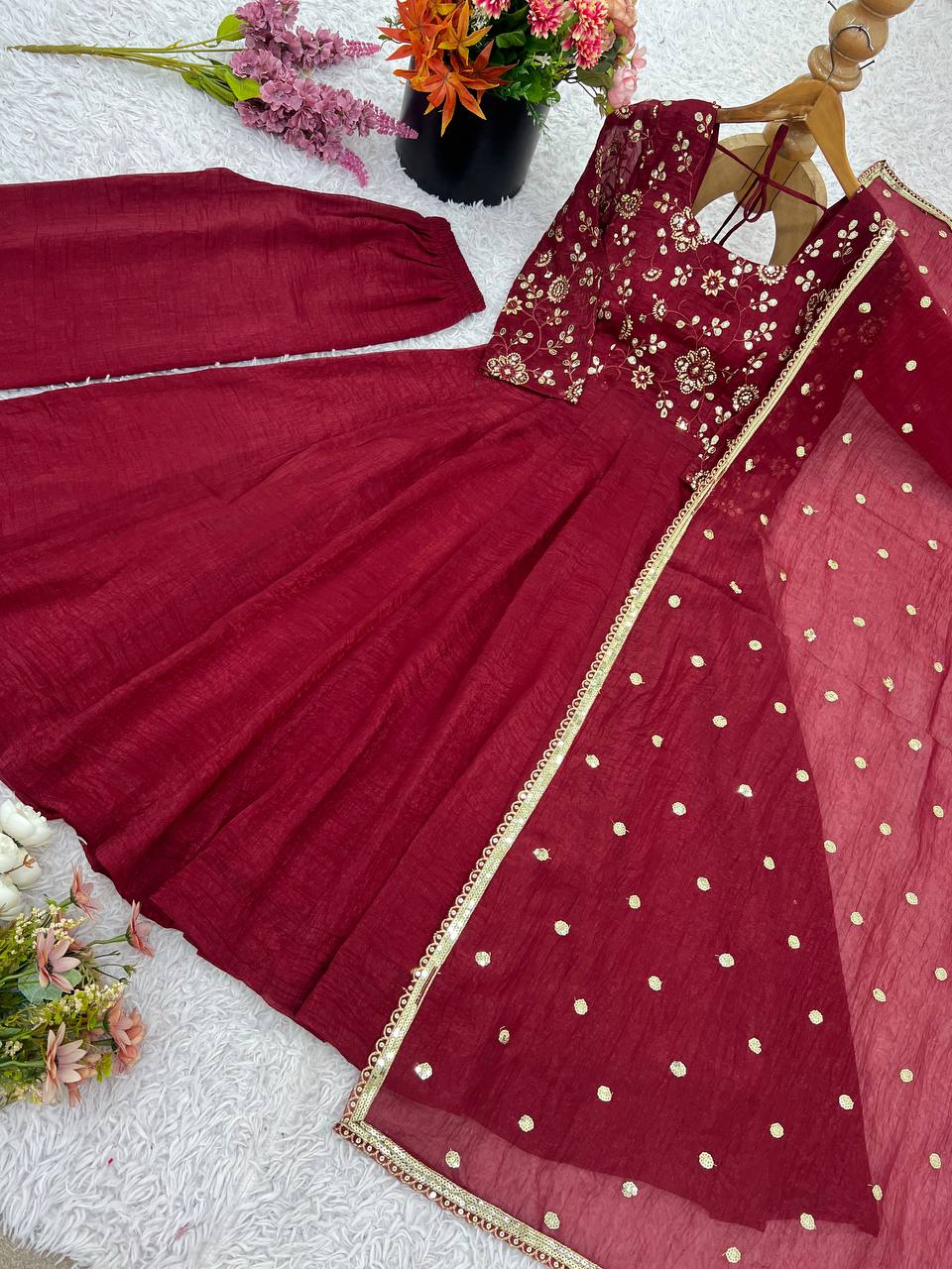 Maroon Crunchy Silk Gown with Embroidered Dupatta