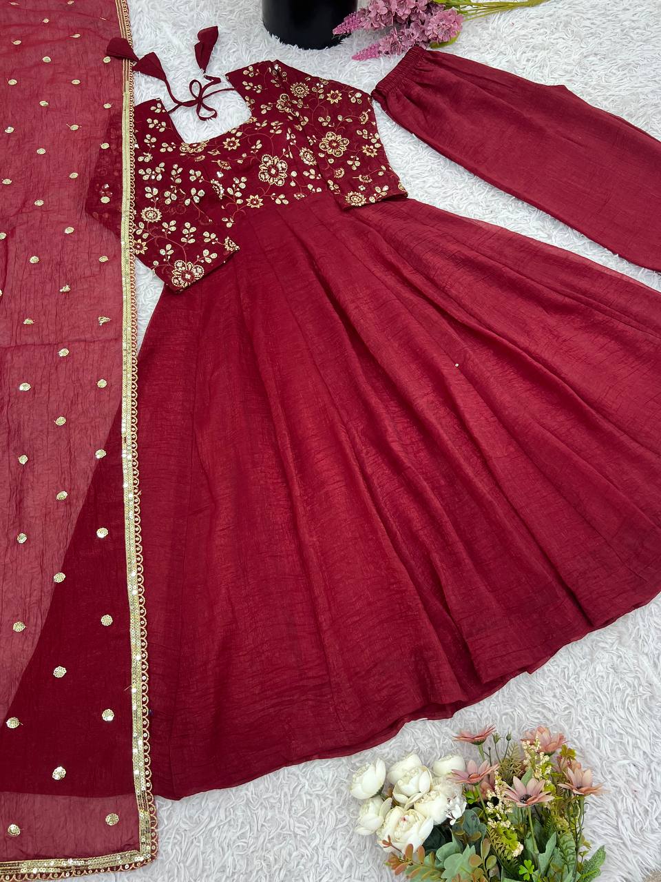 Maroon Crunchy Silk Gown with Embroidered Dupatta