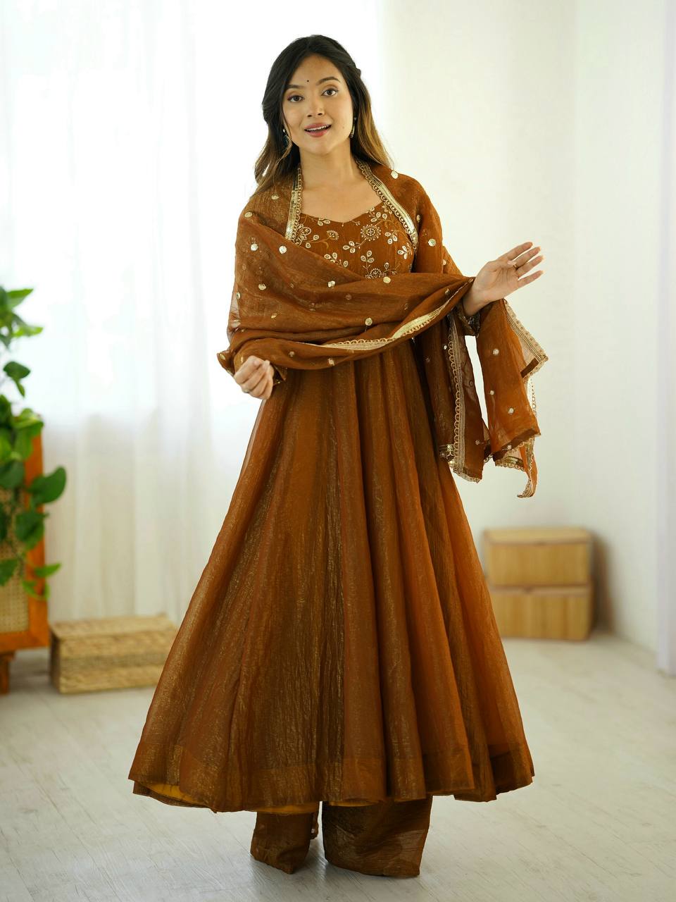 Maroon Crunchy Silk Gown with Embroidered Dupatta
