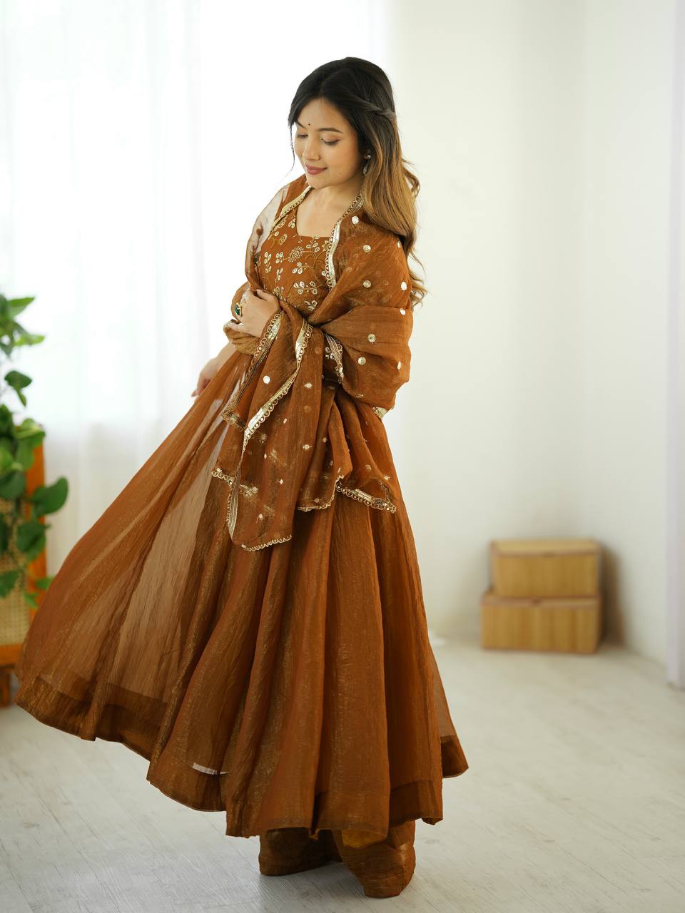 Maroon Crunchy Silk Gown with Embroidered Dupatta
