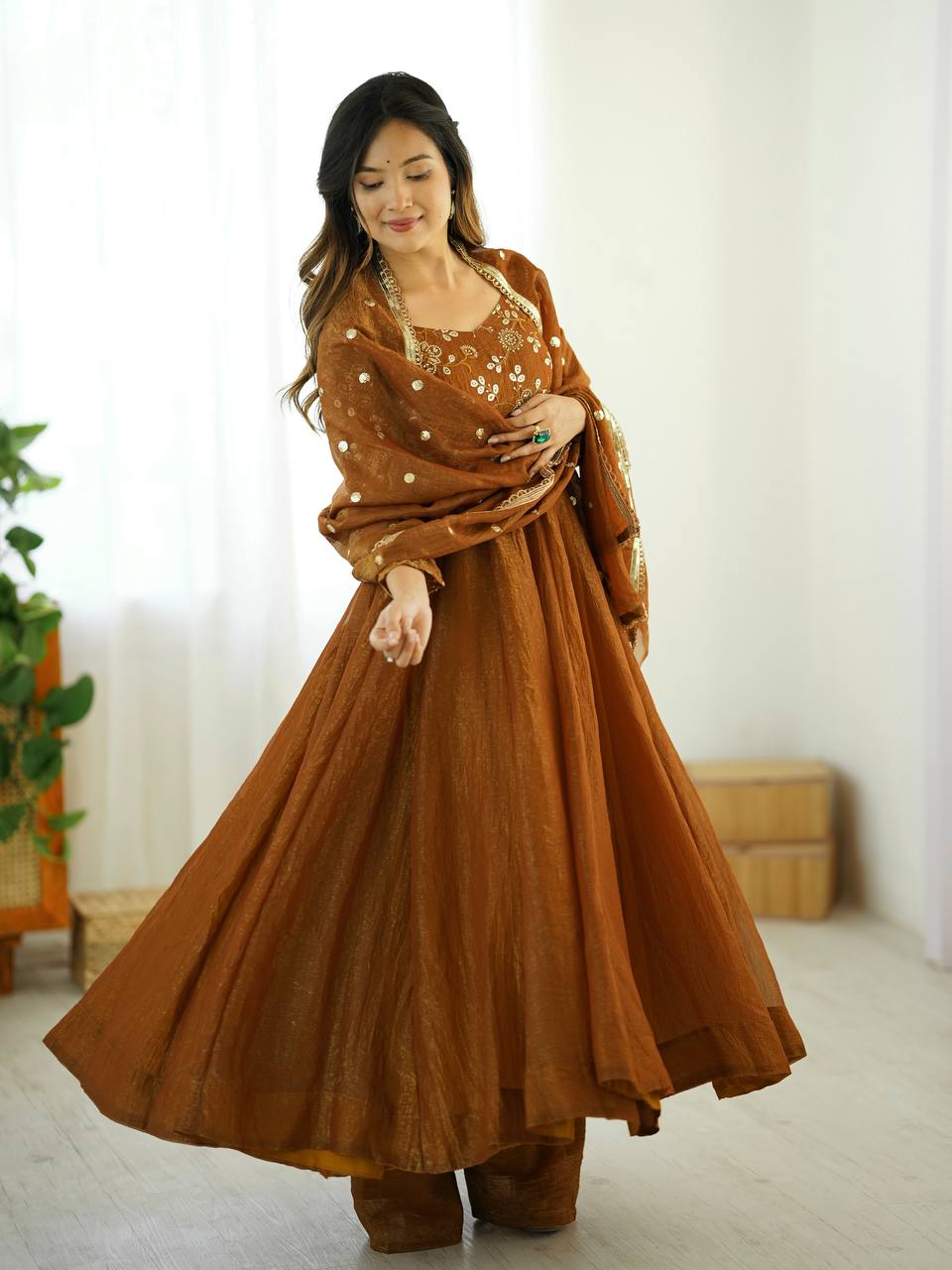 Maroon Crunchy Silk Gown with Embroidered Dupatta