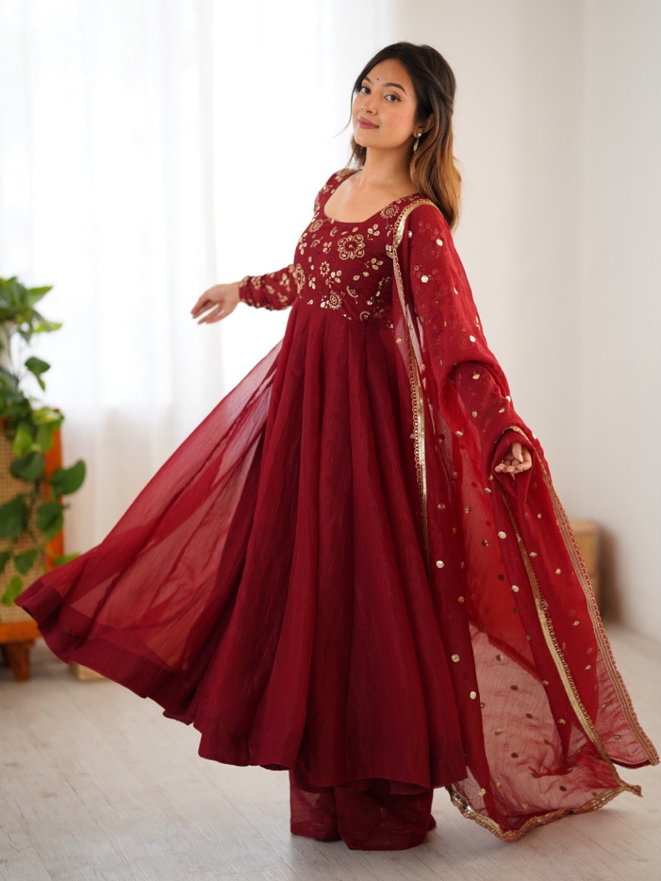 Maroon Crunchy Silk Gown with Embroidered Dupatta