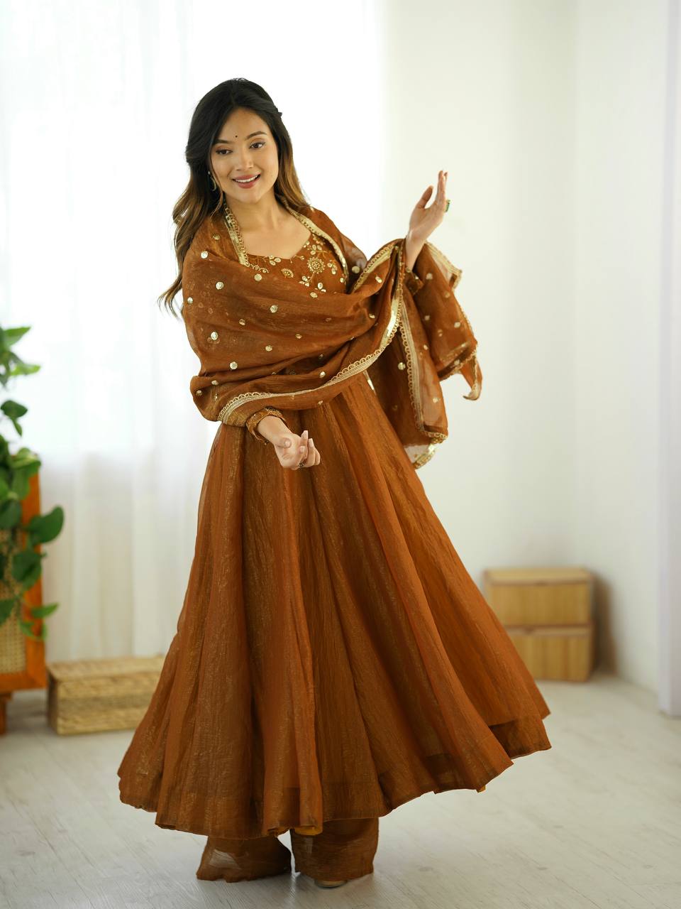 Maroon Crunchy Silk Gown with Embroidered Dupatta