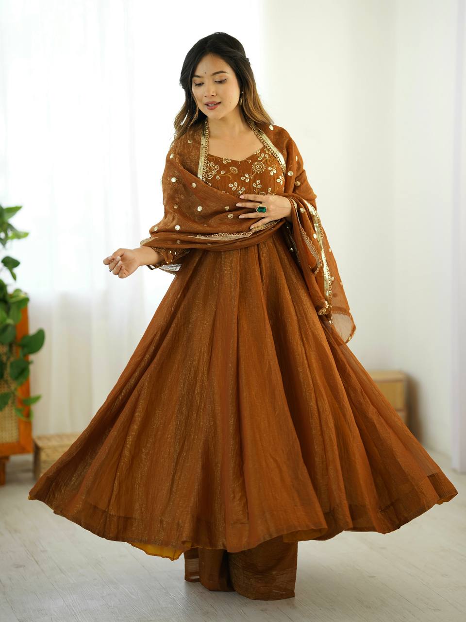 Maroon Crunchy Silk Gown with Embroidered Dupatta