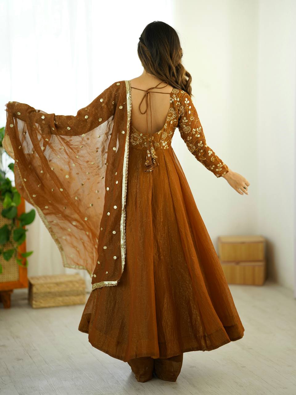 Maroon Crunchy Silk Gown with Embroidered Dupatta