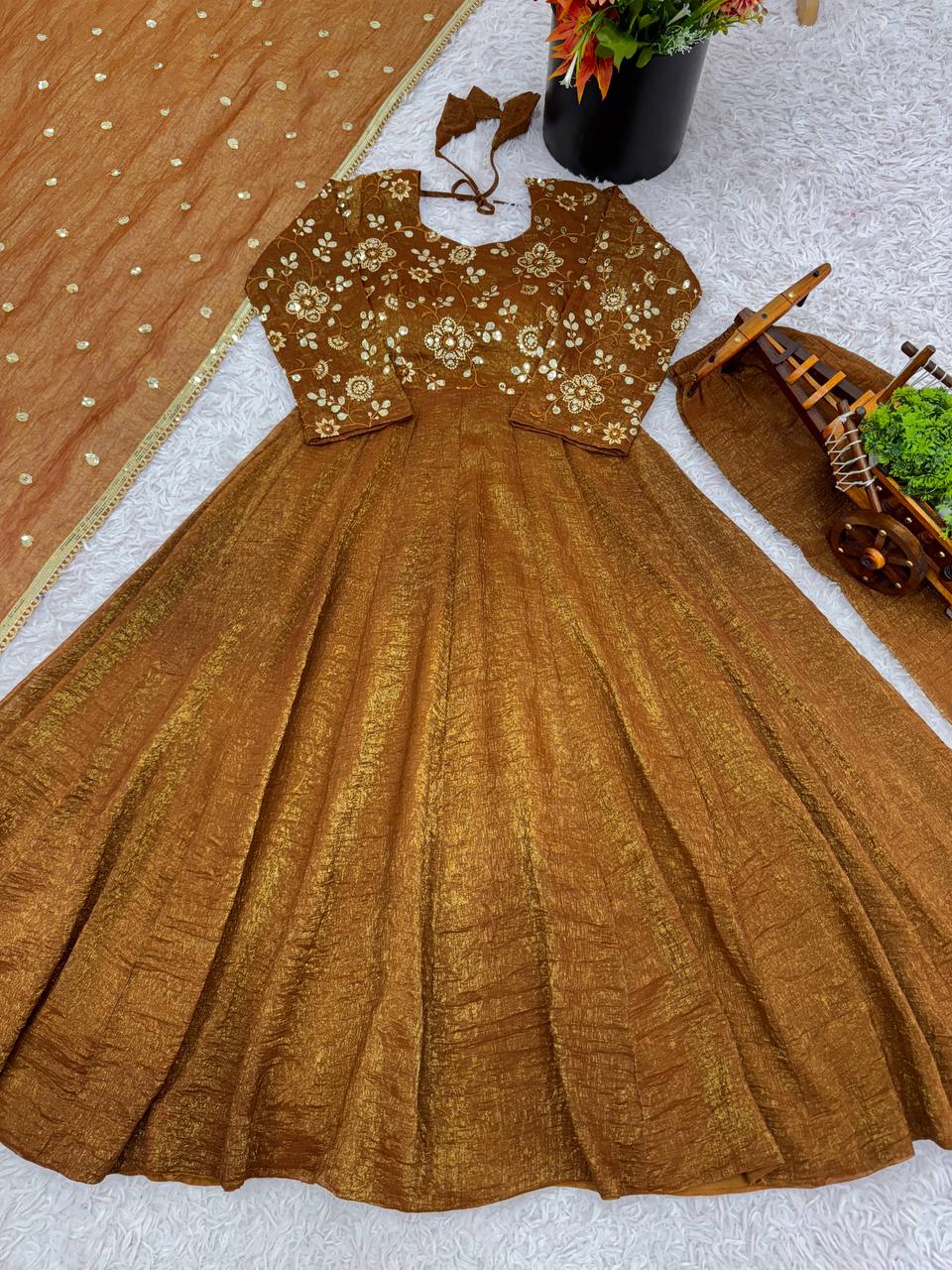 Maroon Crunchy Silk Gown with Embroidered Dupatta