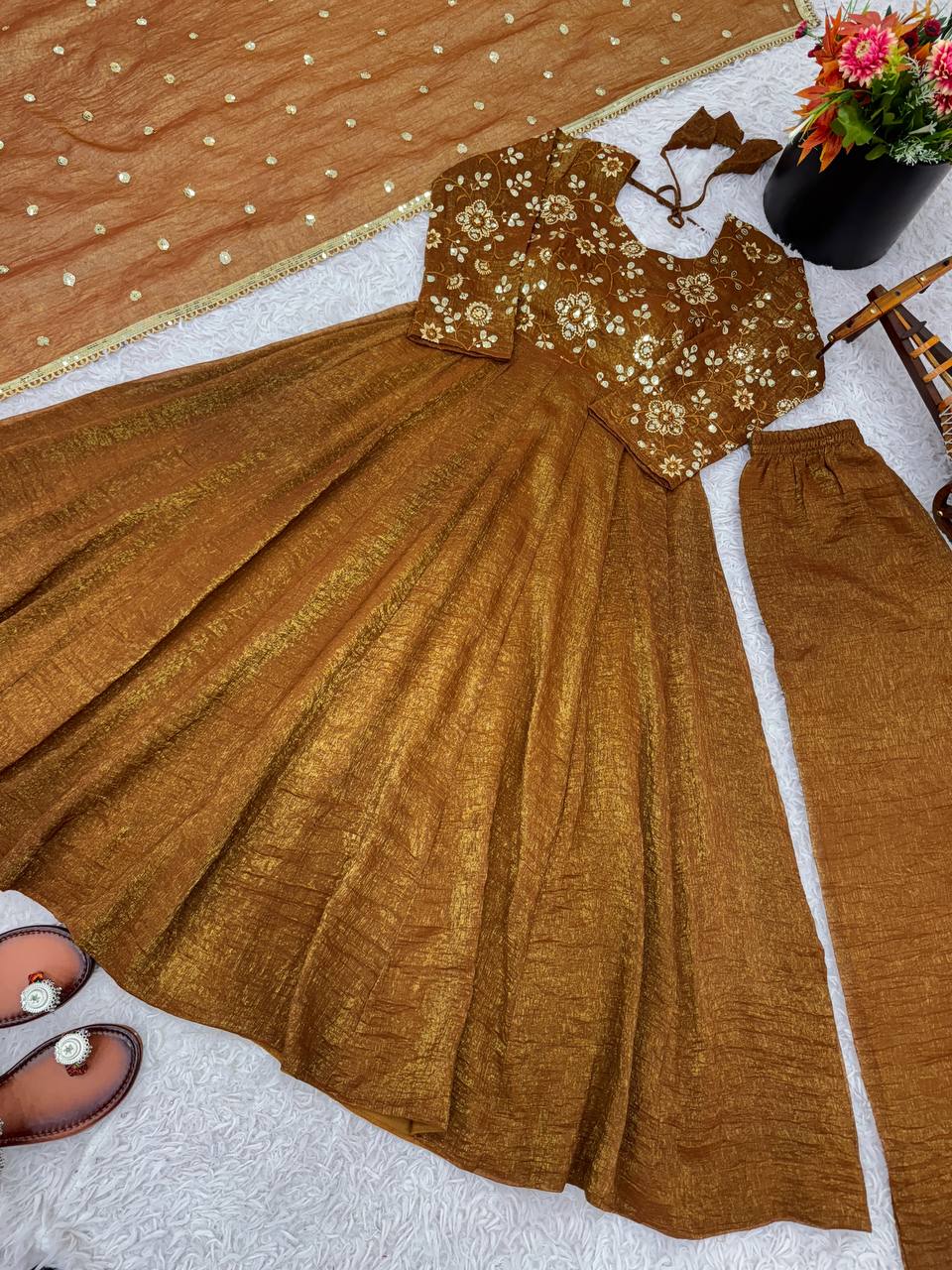 Maroon Crunchy Silk Gown with Embroidered Dupatta