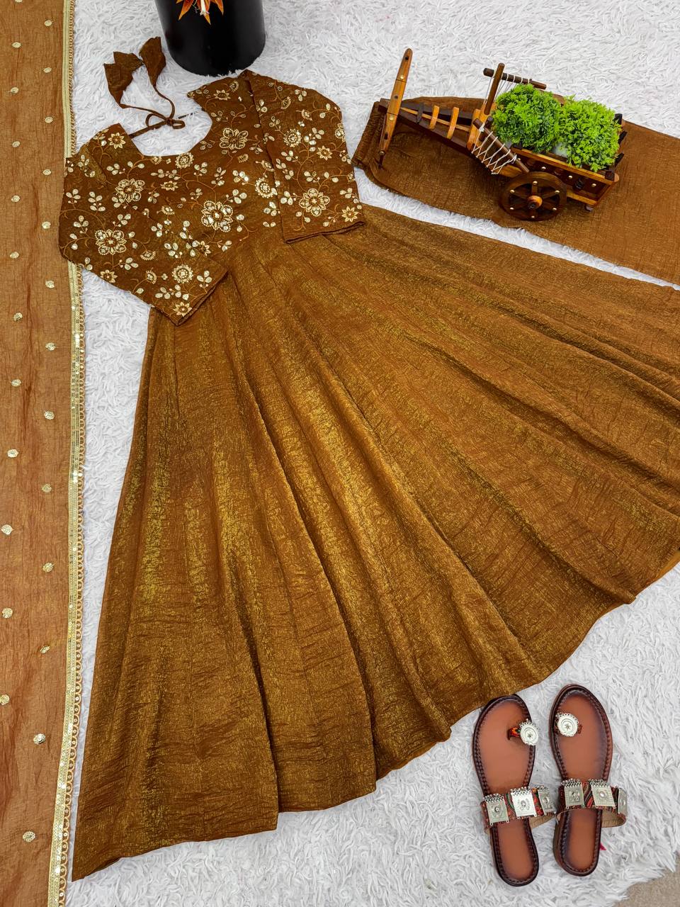 Maroon Crunchy Silk Gown with Embroidered Dupatta