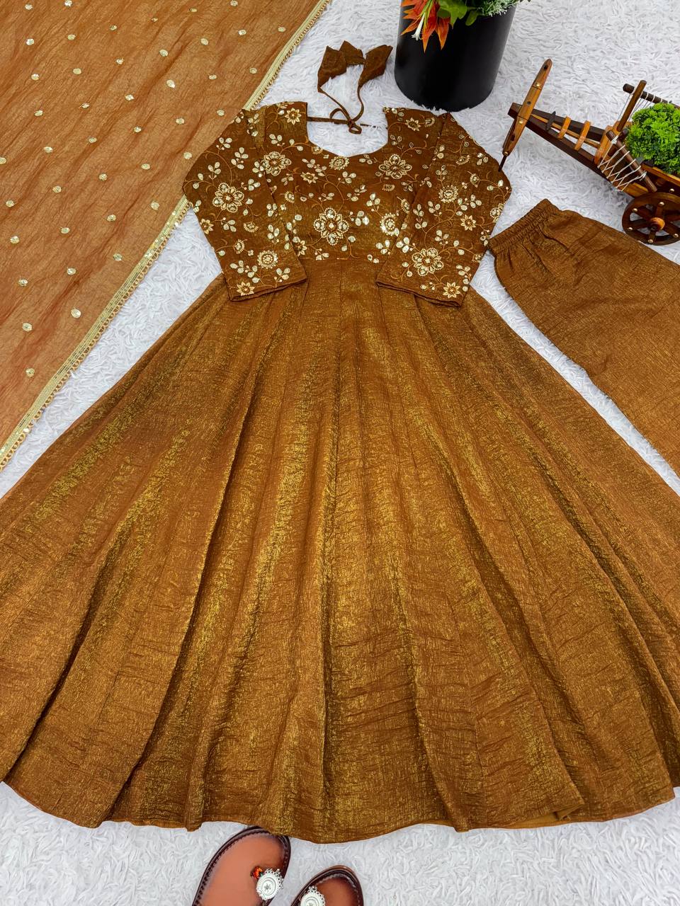 Maroon Crunchy Silk Gown with Embroidered Dupatta