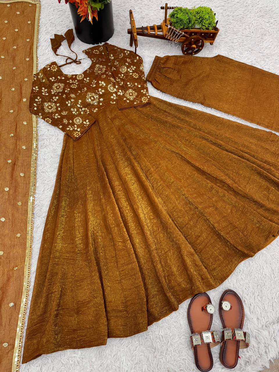 Maroon Crunchy Silk Gown with Embroidered Dupatta