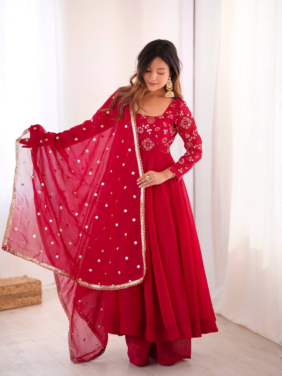 Maroon Crunchy Silk Gown with Embroidered Dupatta