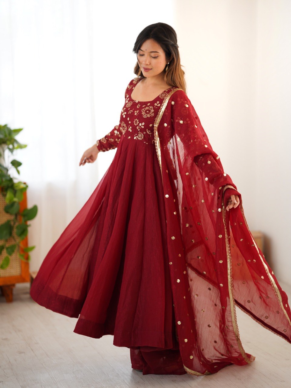 Maroon Crunchy Silk Gown with Embroidered Dupatta