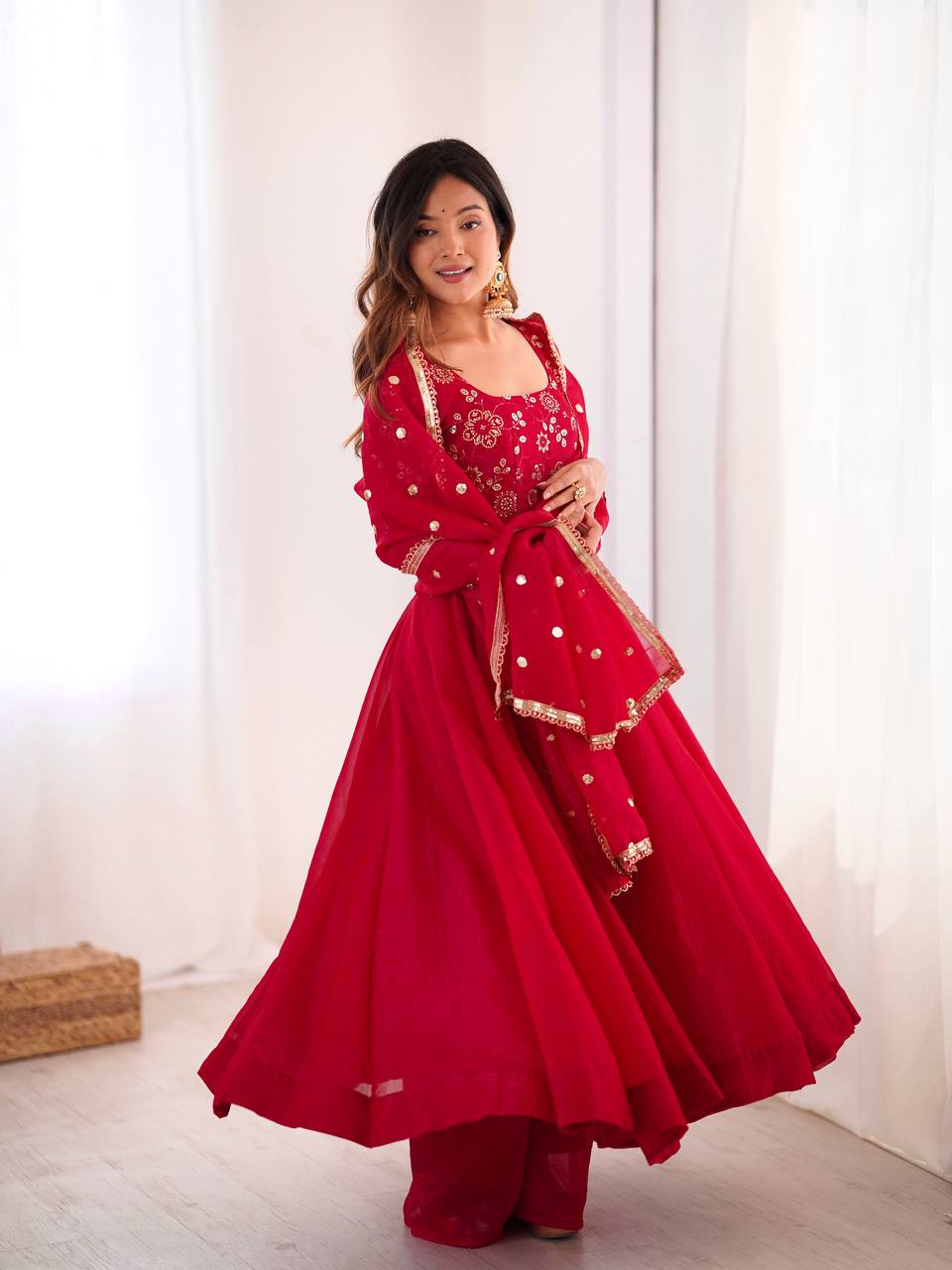 Maroon Crunchy Silk Gown with Embroidered Dupatta