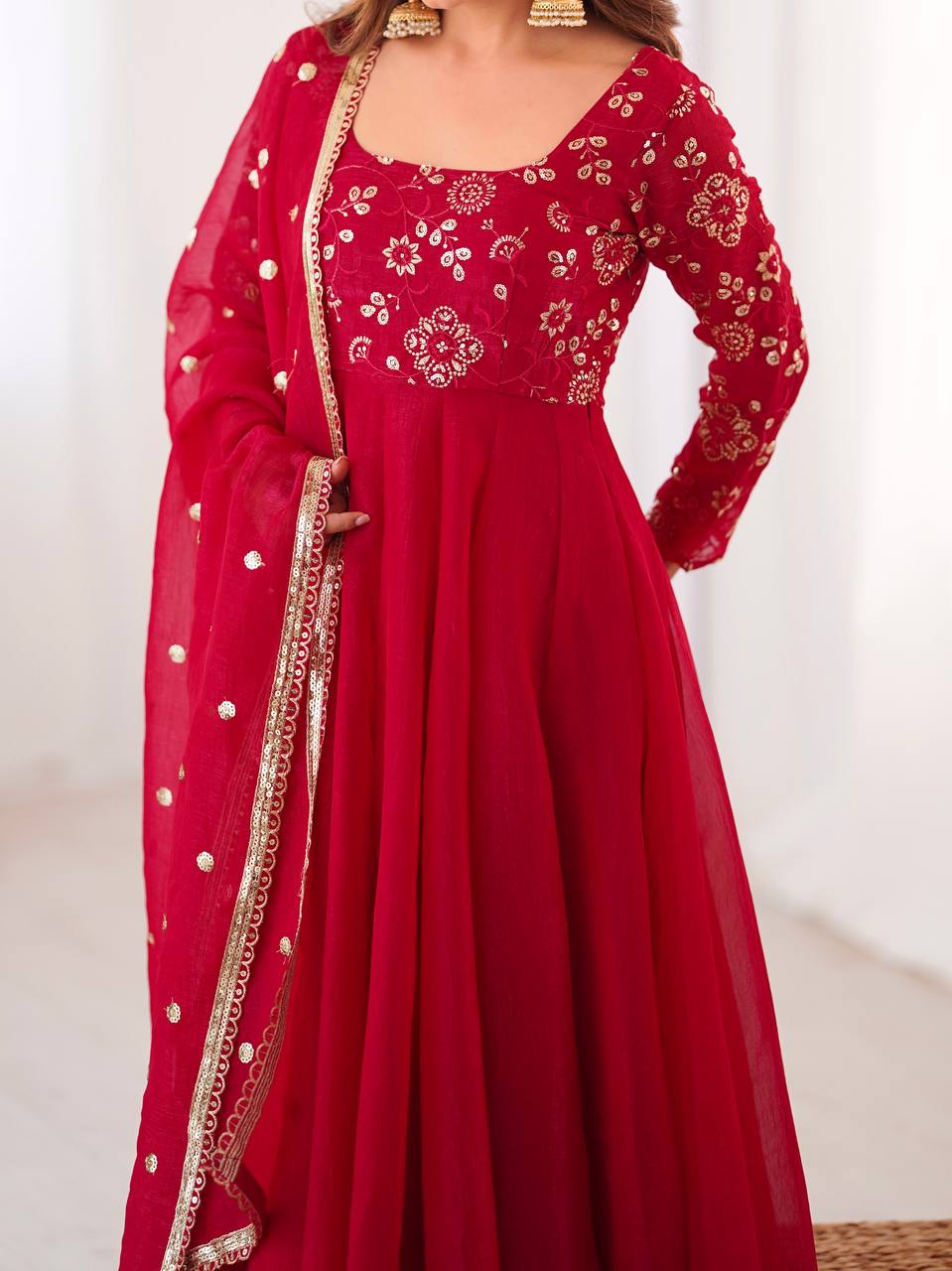 Maroon Crunchy Silk Gown with Embroidered Dupatta