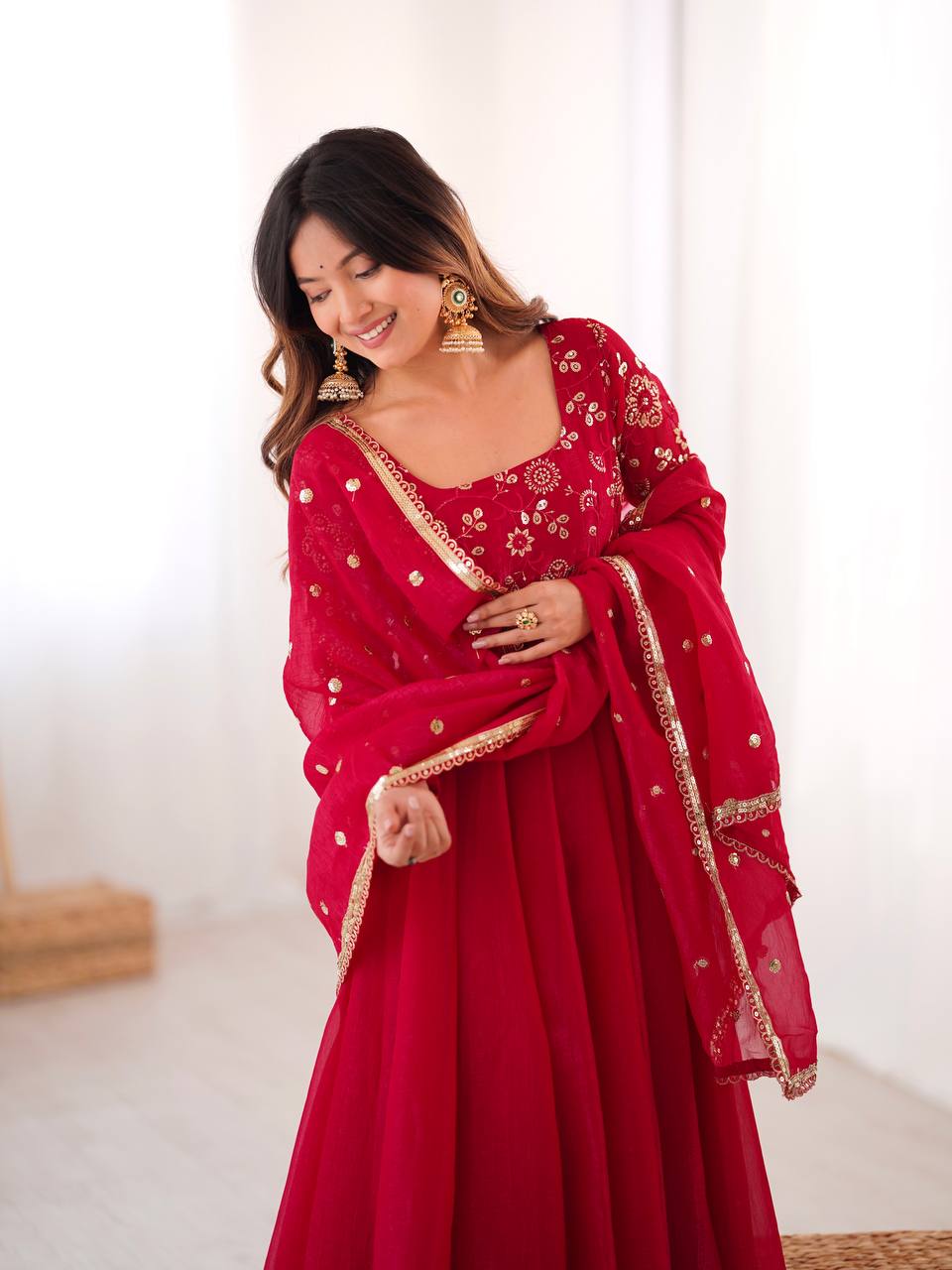 Maroon Crunchy Silk Gown with Embroidered Dupatta