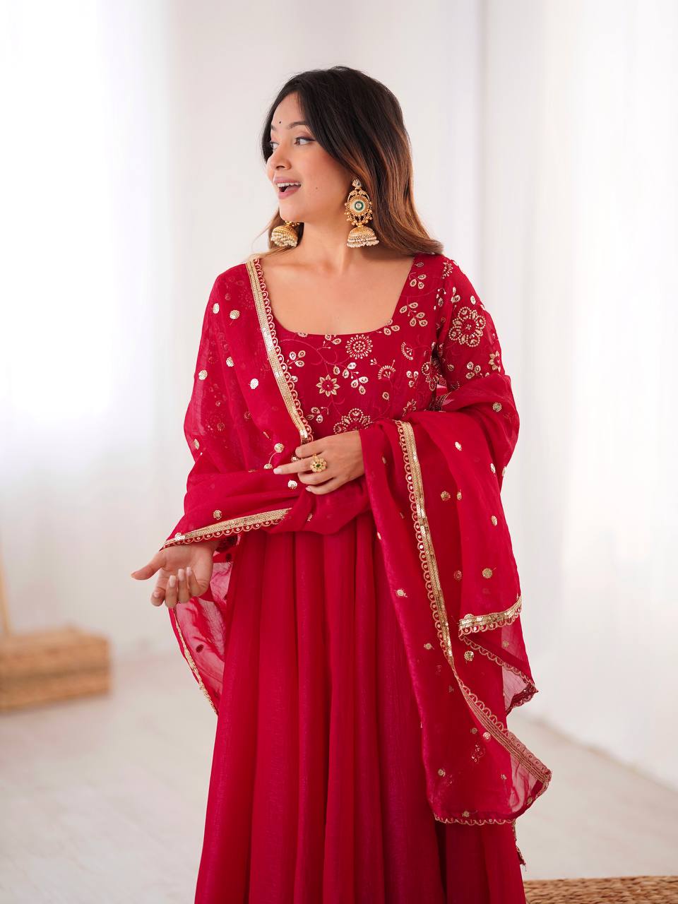 Maroon Crunchy Silk Gown with Embroidered Dupatta
