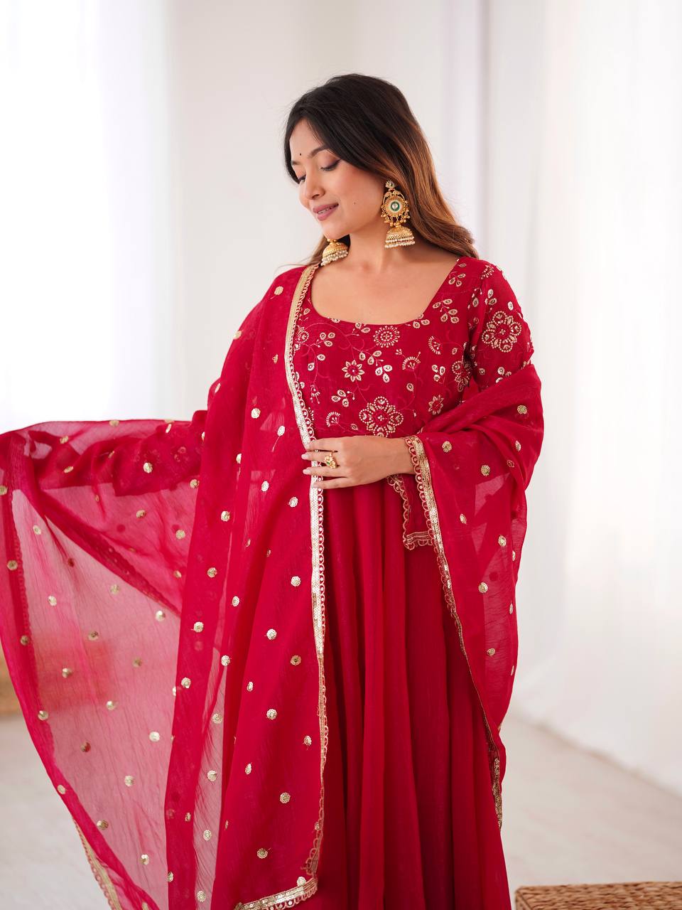 Maroon Crunchy Silk Gown with Embroidered Dupatta