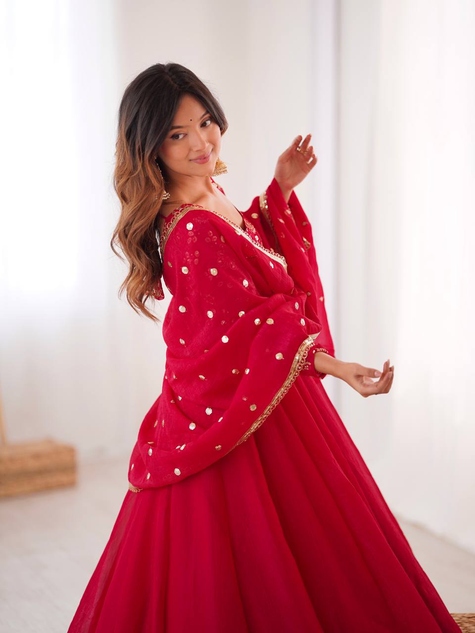 Maroon Crunchy Silk Gown with Embroidered Dupatta