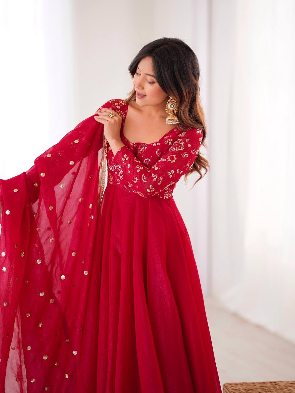 Maroon Crunchy Silk Gown with Embroidered Dupatta