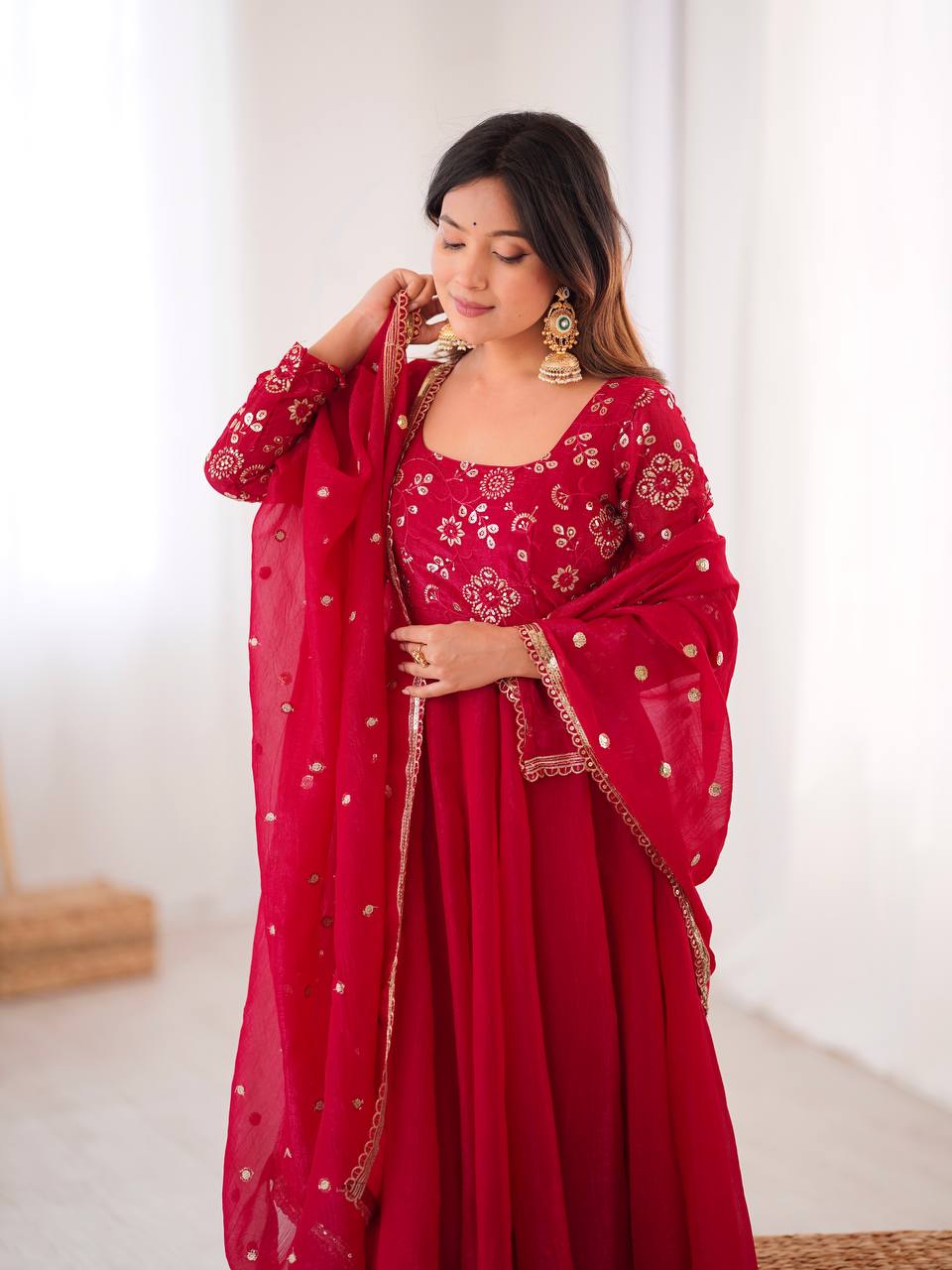 Maroon Crunchy Silk Gown with Embroidered Dupatta