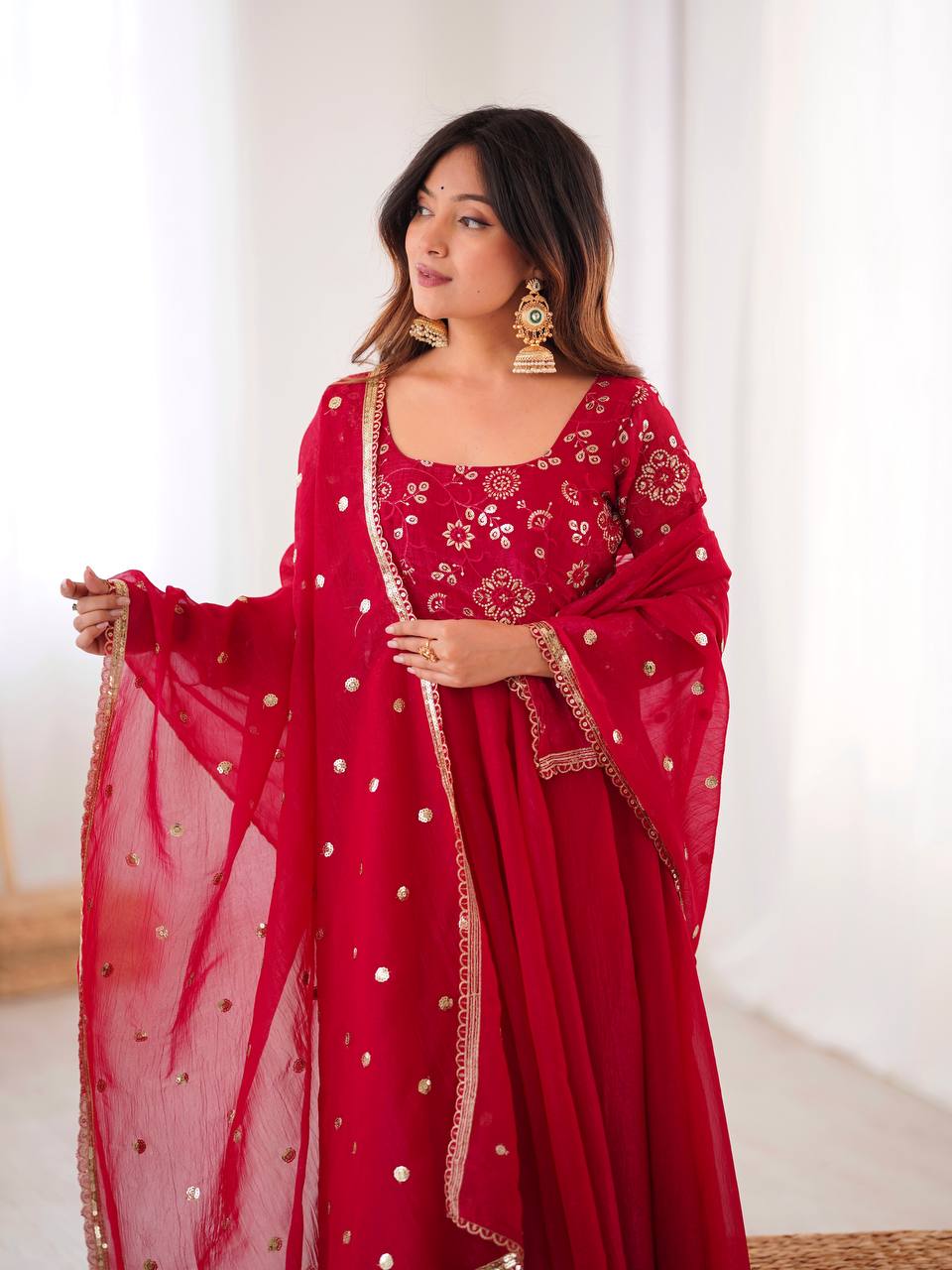 Maroon Crunchy Silk Gown with Embroidered Dupatta