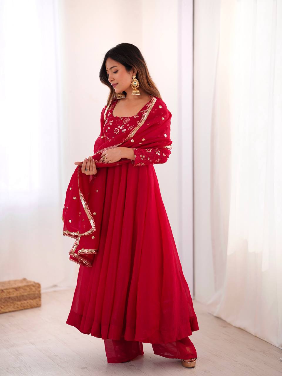 Maroon Crunchy Silk Gown with Embroidered Dupatta