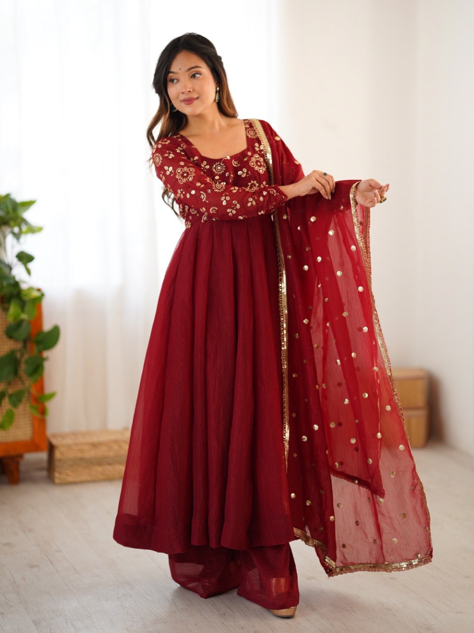 Maroon Crunchy Silk Gown with Embroidered Dupatta