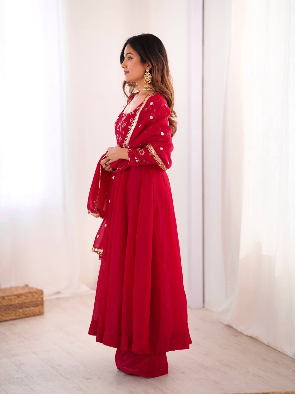 Maroon Crunchy Silk Gown with Embroidered Dupatta