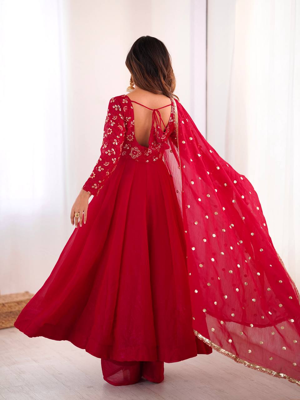 Maroon Crunchy Silk Gown with Embroidered Dupatta