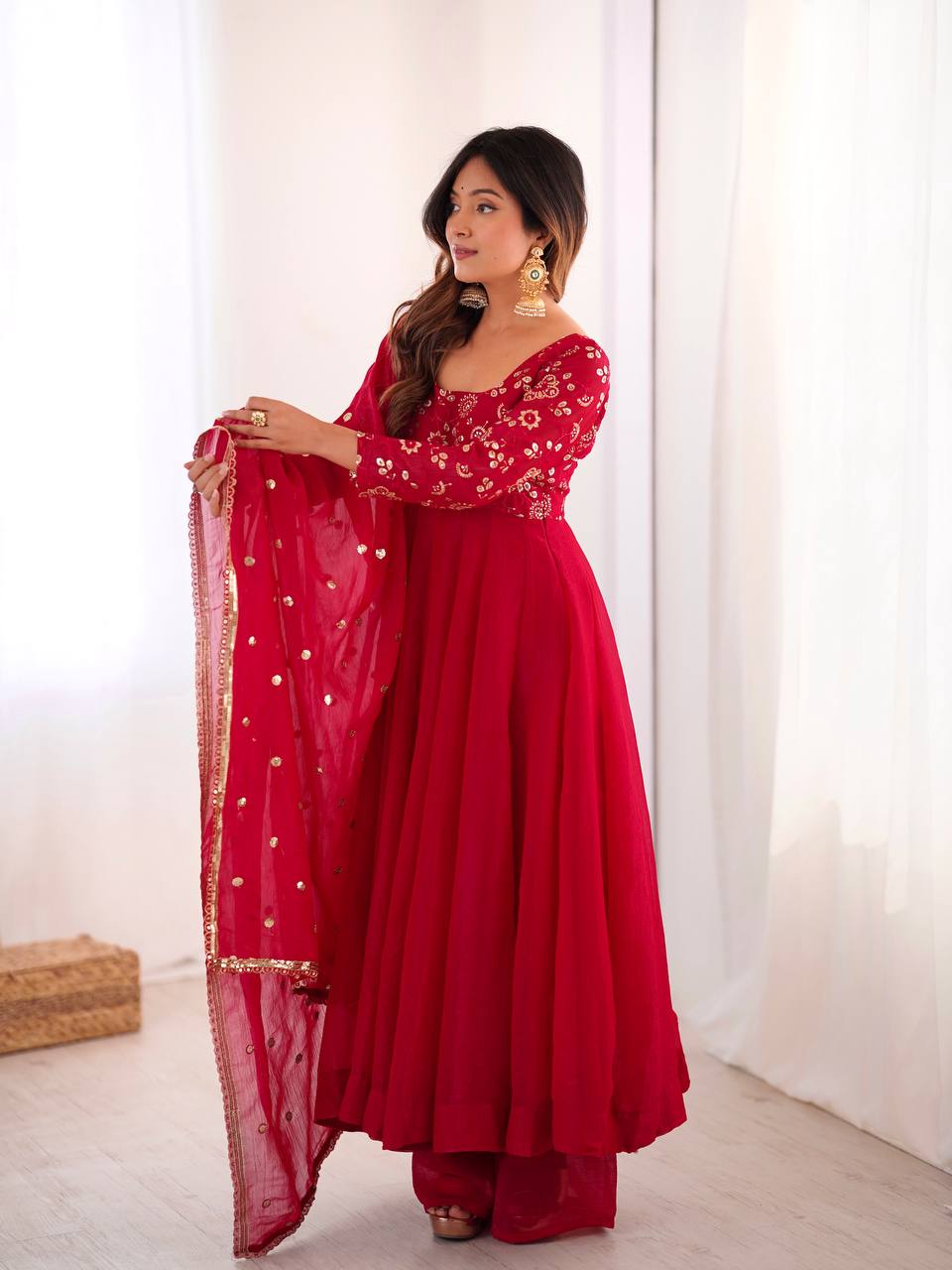 Maroon Crunchy Silk Gown with Embroidered Dupatta
