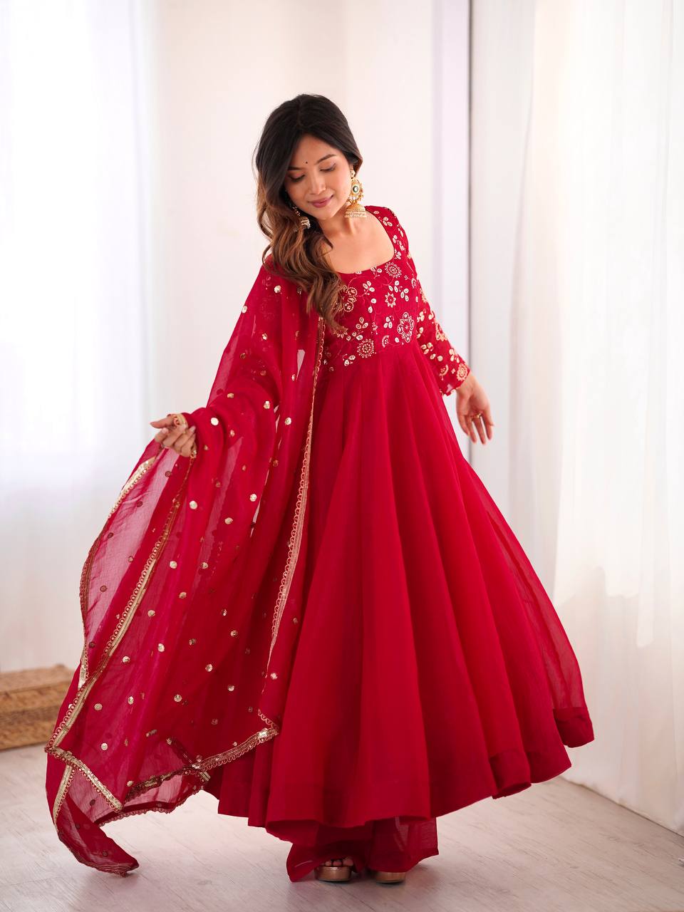Maroon Crunchy Silk Gown with Embroidered Dupatta