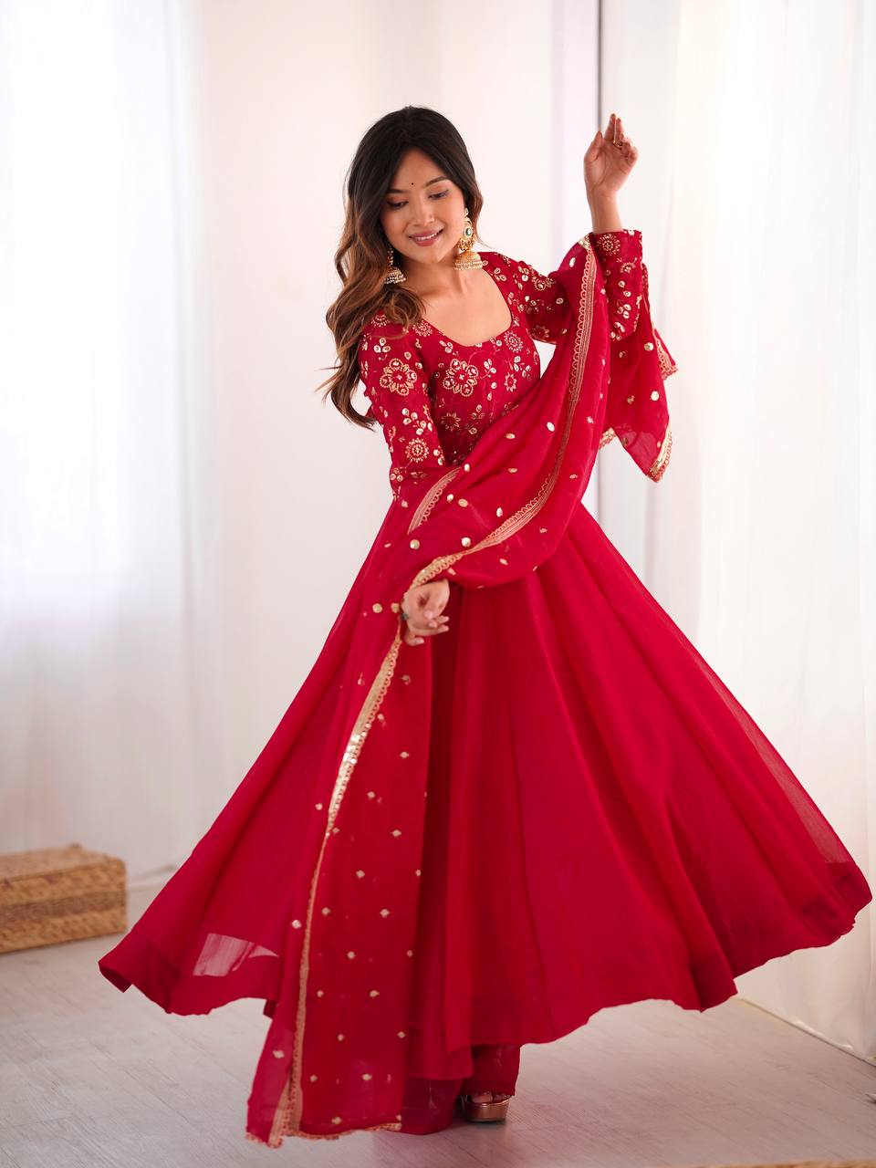 Maroon Crunchy Silk Gown with Embroidered Dupatta