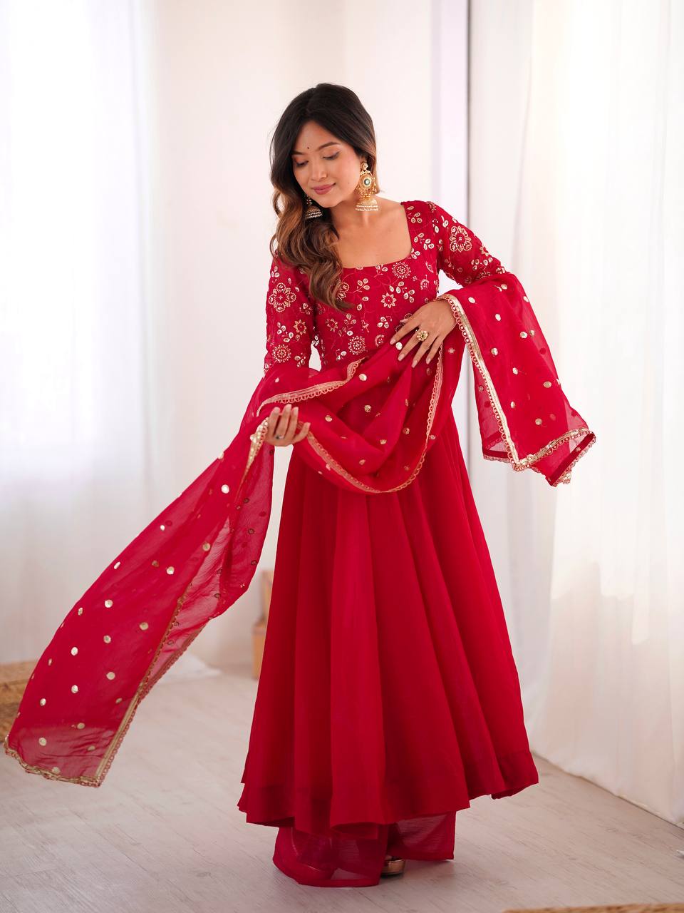 Maroon Crunchy Silk Gown with Embroidered Dupatta
