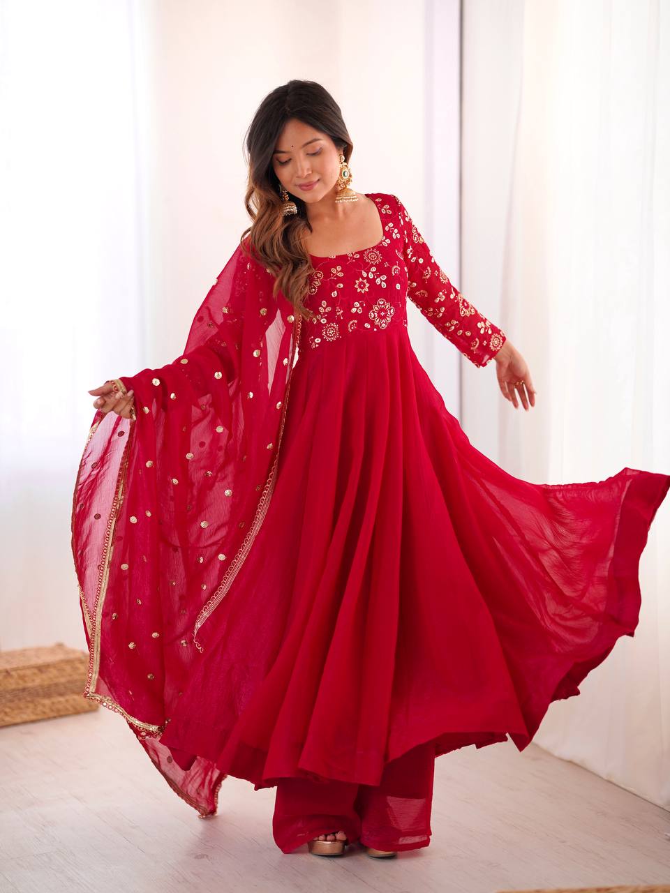Maroon Crunchy Silk Gown with Embroidered Dupatta