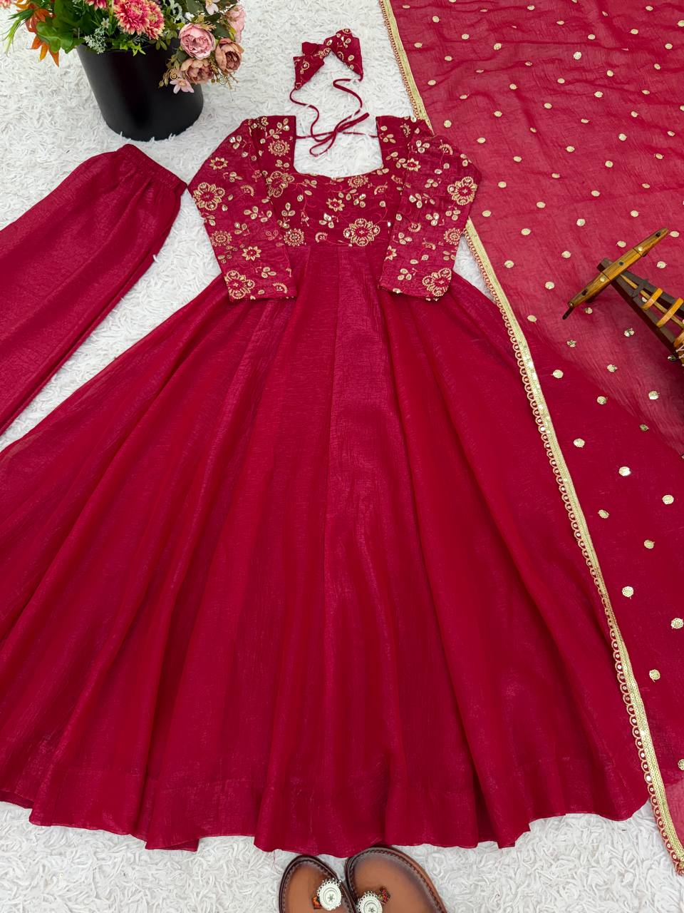 Maroon Crunchy Silk Gown with Embroidered Dupatta
