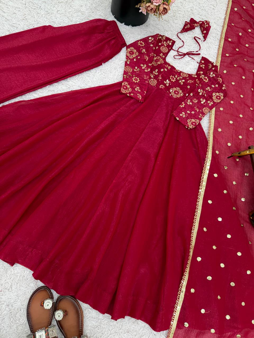 Maroon Crunchy Silk Gown with Embroidered Dupatta