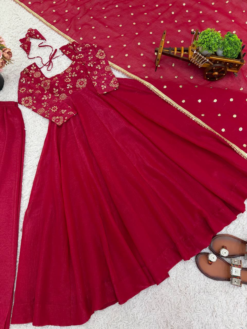 Maroon Crunchy Silk Gown with Embroidered Dupatta