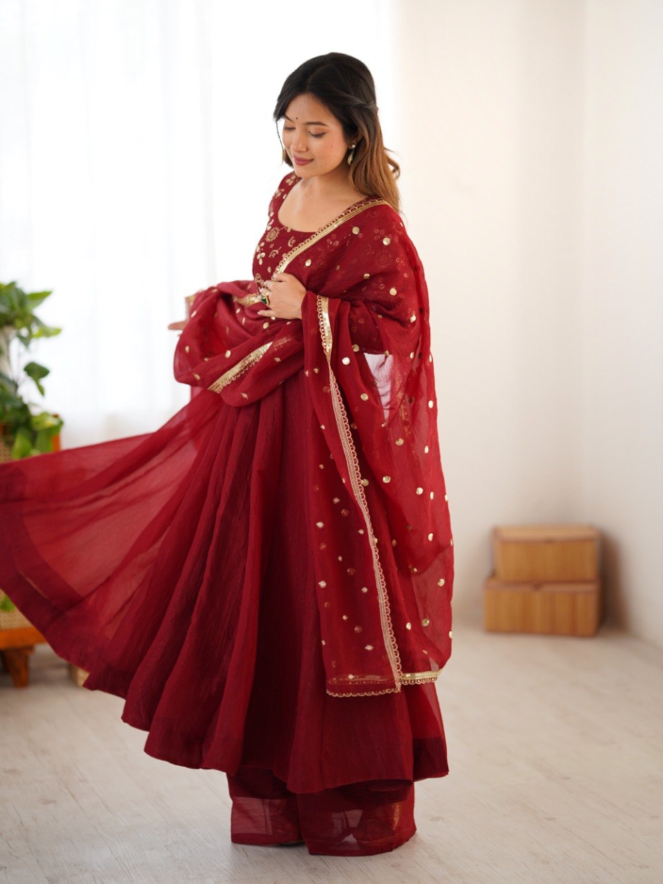 Maroon Crunchy Silk Gown with Embroidered Dupatta